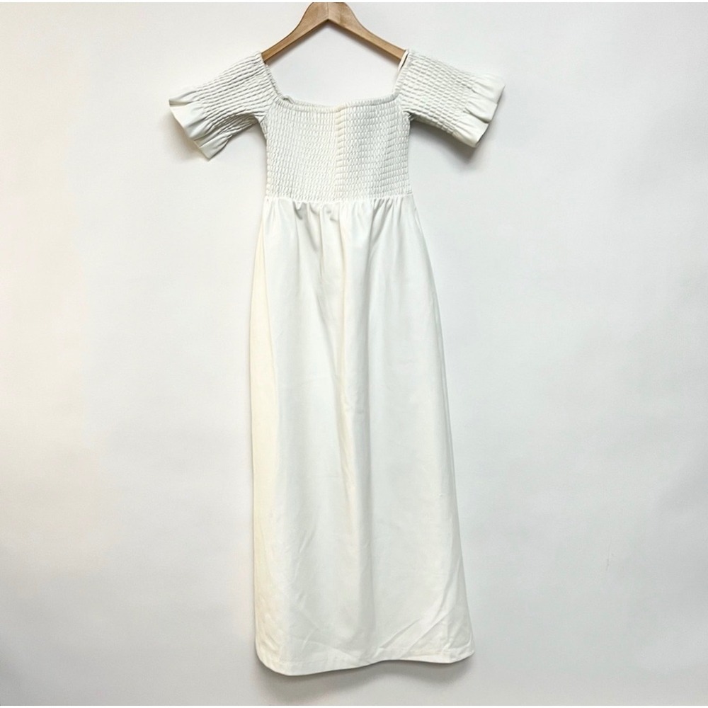STAUD White Smocked Off Shoulder Maxi Dress Puff Sleeve